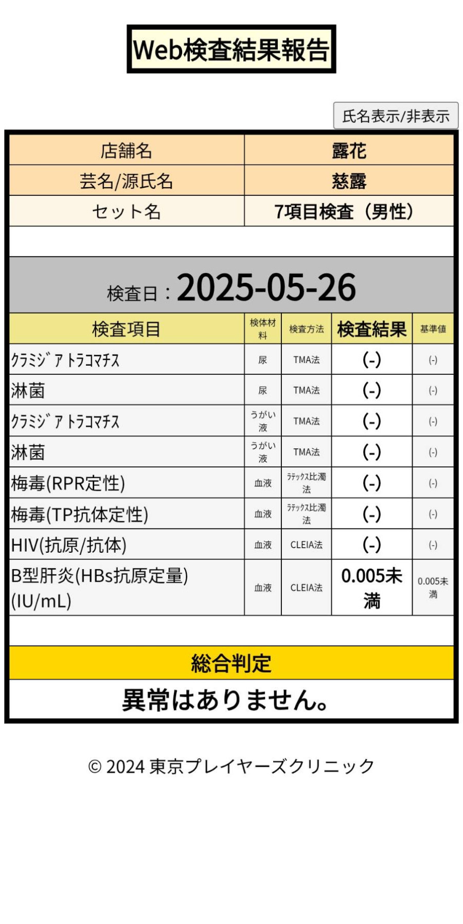 慈露の性病検査証明書