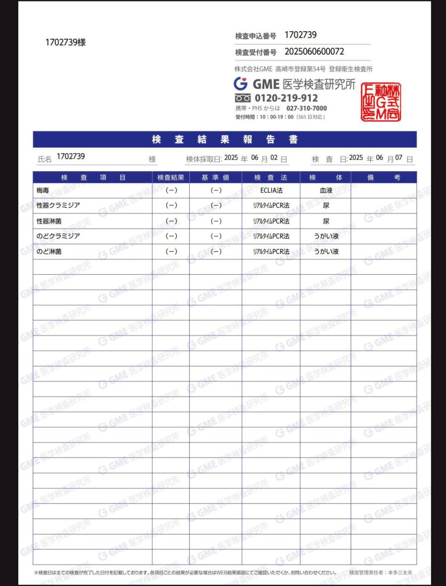 凪の性病検査証明書