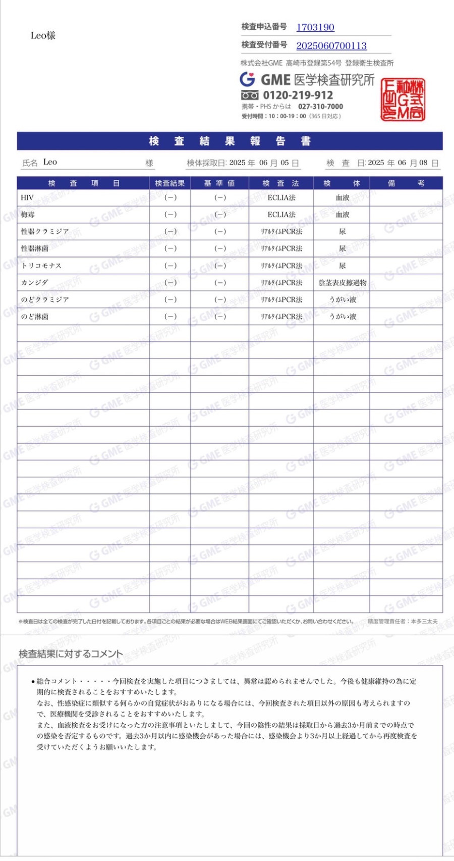 Leoの性病検査証明書