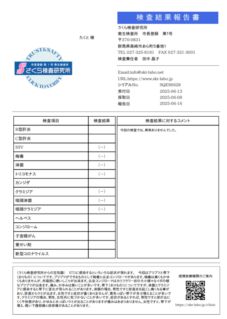タクトの性病検査証明書