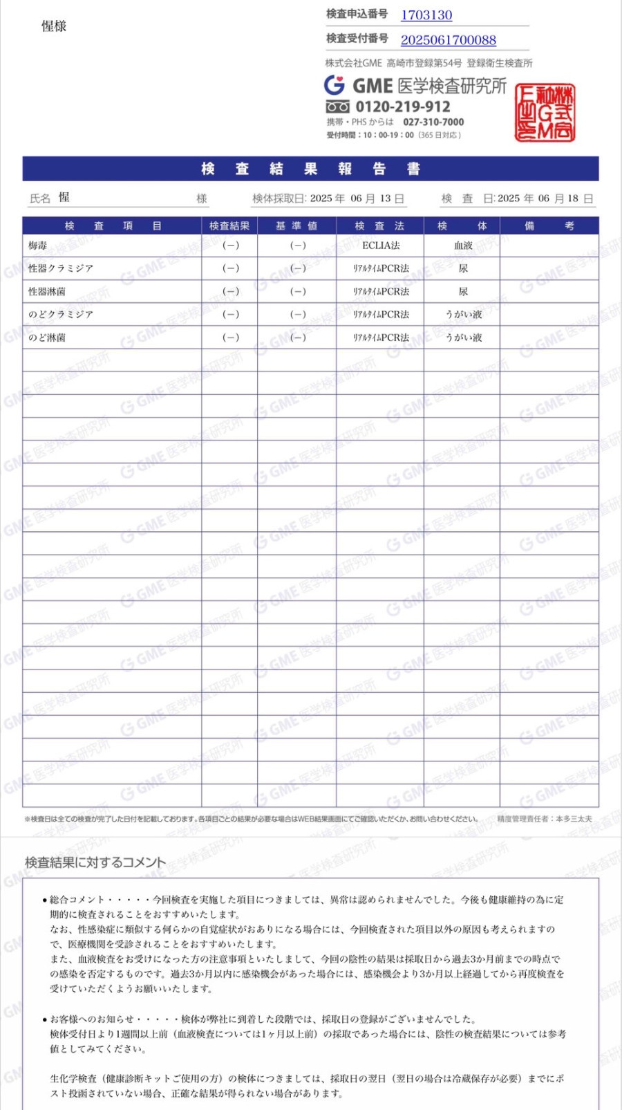 惺の性病検査証明書