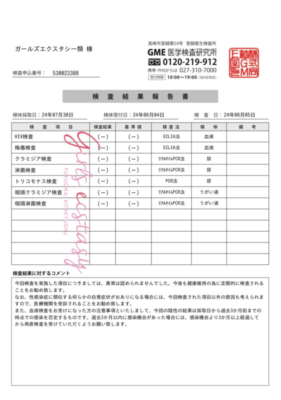 性病検査異常無しです。