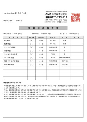 性病検査結果報告
