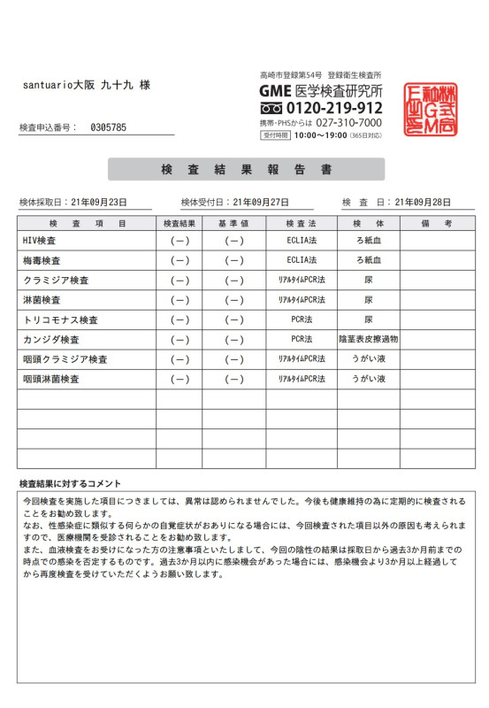 性病検査結果報告