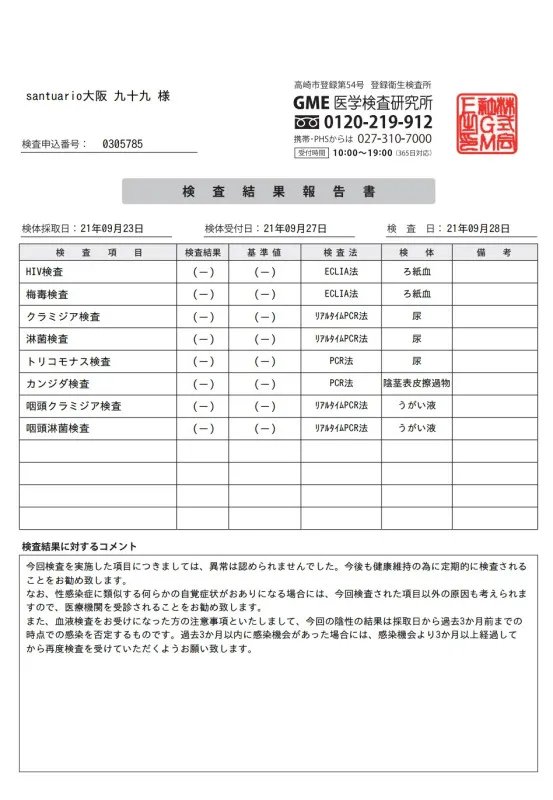 性病検査結果報告