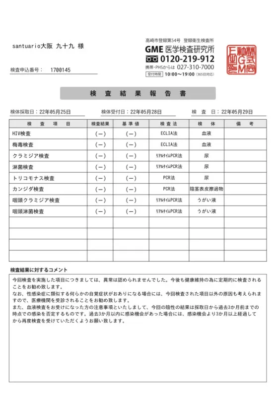 性病検査結果報告