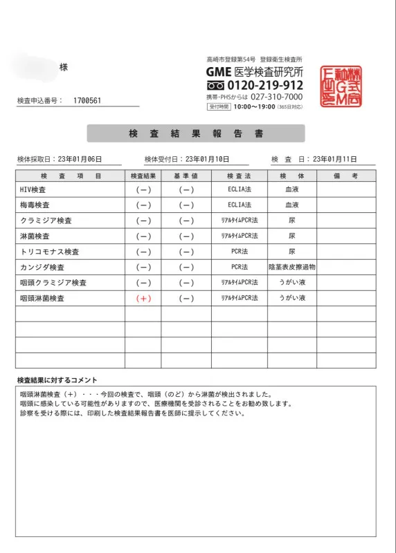 性病検査結果報告