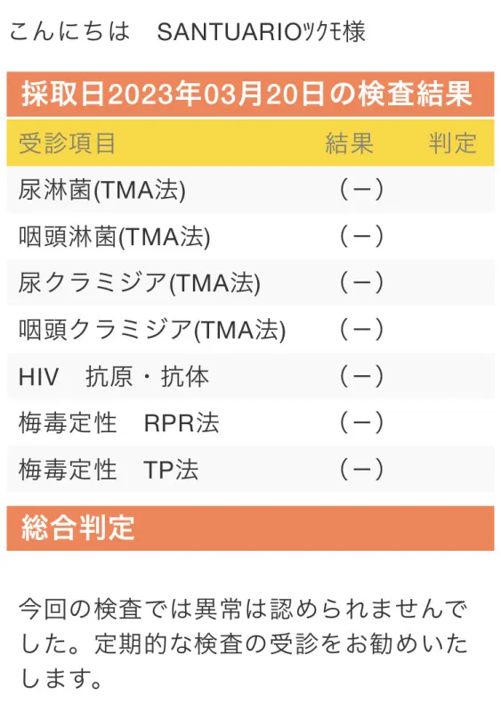 性病検査結果報告