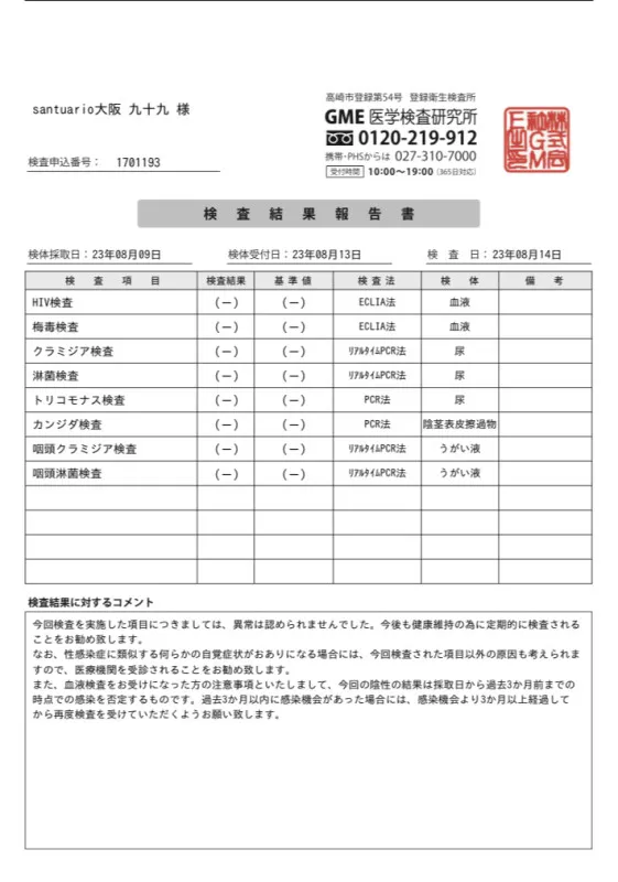 性病検査結果報告