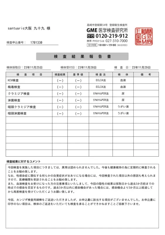 【性病検査結果報告】