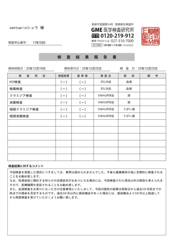 今月の検査結果