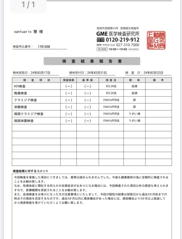 【今月の検査結果のお知らせ】