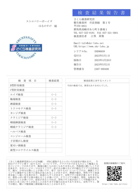 検査無事、陰性でした！