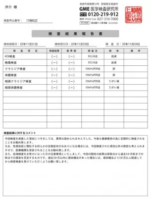 性病検査通過しました