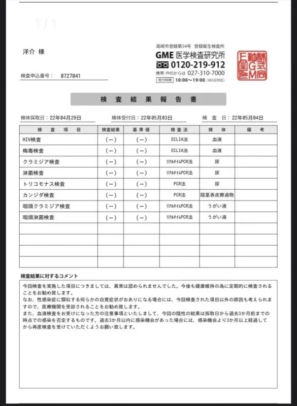 性病検査通過のご報告