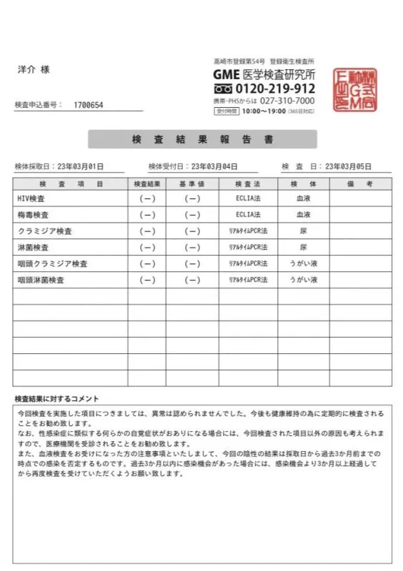 性病検査無事通過しました