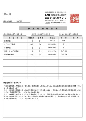 今月の性病検査結果