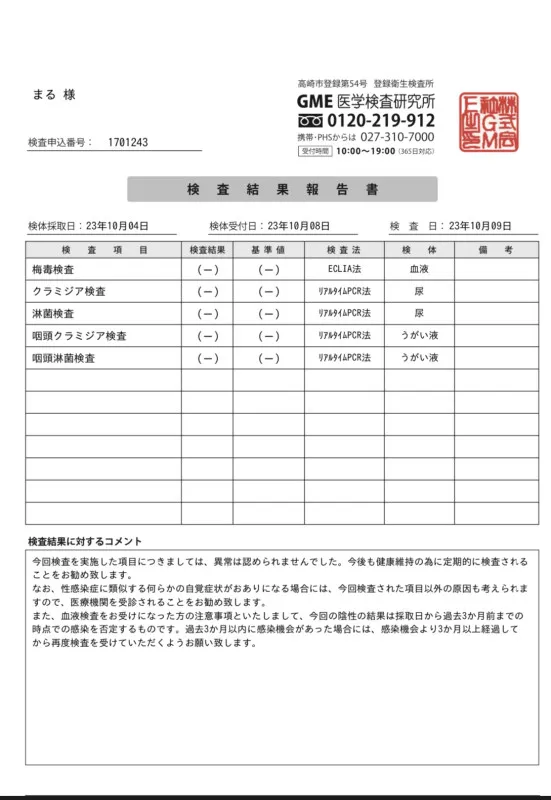 性病検査（定期報告）