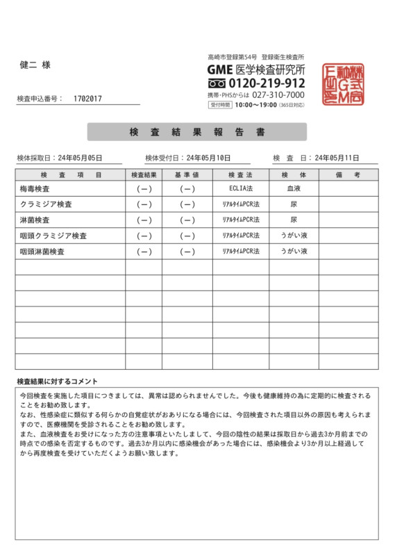 性病検査・問題無し