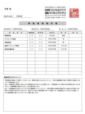 【7月の性病検査結果オールクリア】