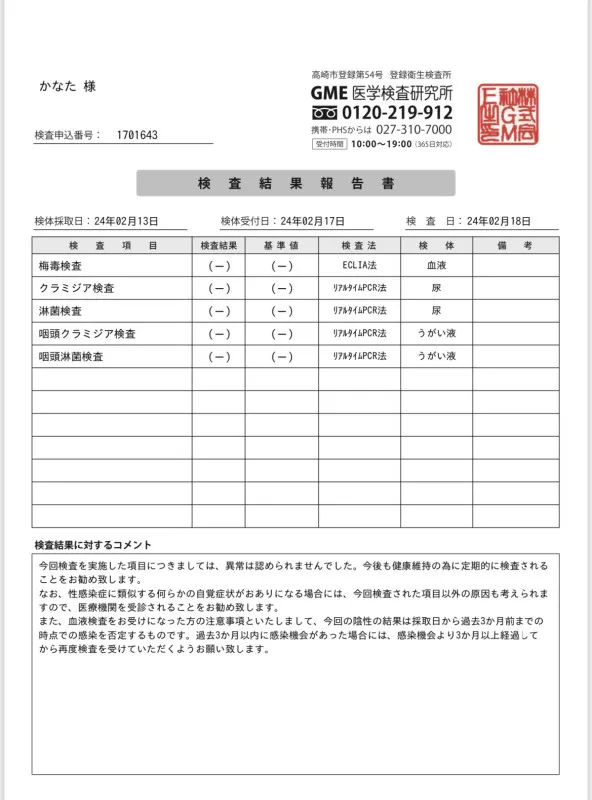 性病検査結果出ました。。