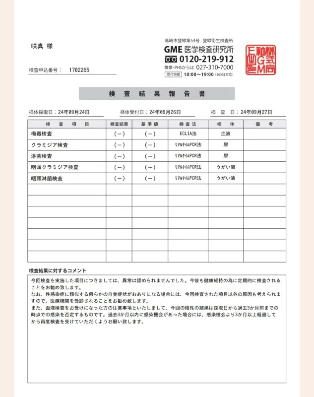 9月の性病検査結果