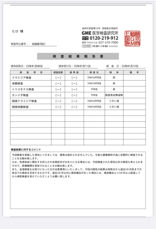 性病の検査今回も異常無しでした^. .^