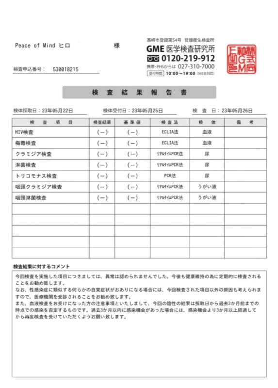 性病検査異常無しの報告と最近の小話