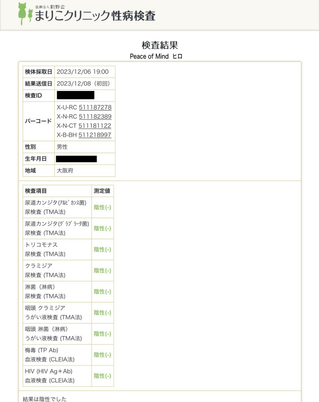 性病検査の結果異常ありませんでした☺︎