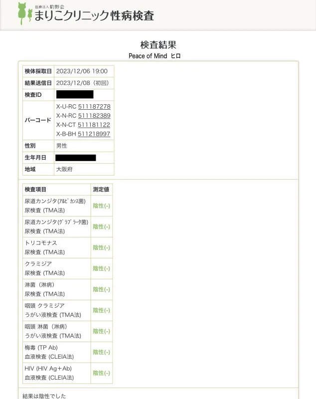 性病検査の結果異常ありませんでした☺︎