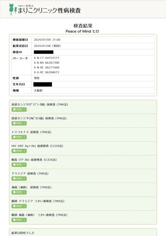 性病検査の結果異常ありませんでした☺︎