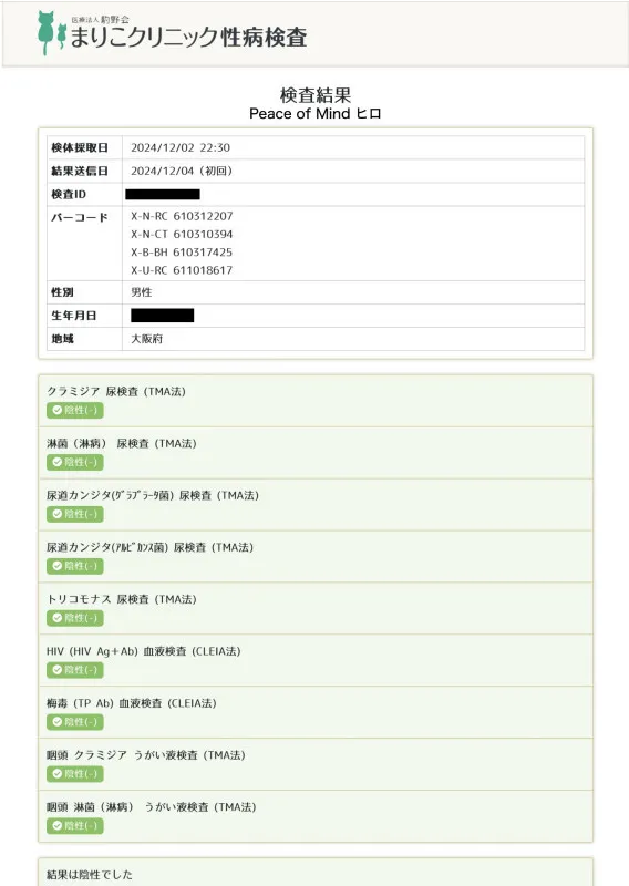 12月度の性病検査の結果異常ありませんでした☺︎