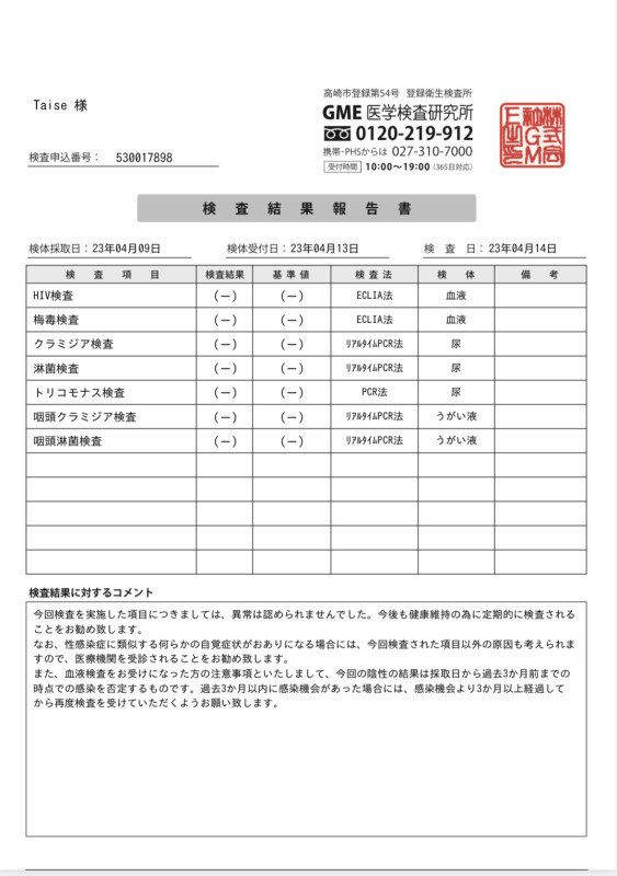 性病検査問題なし