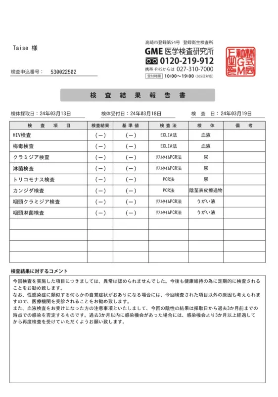 性病検査問題なし！