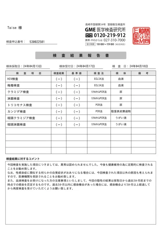 性病検査問題なし！