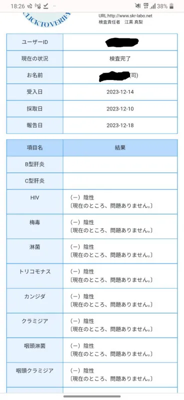 性病検査結果陰性です！