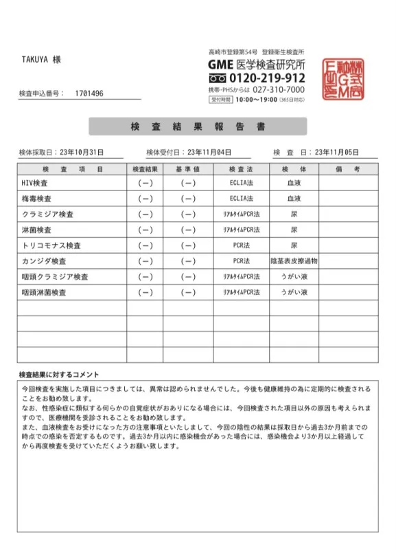 【10月性病検査結果】