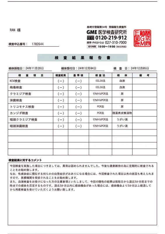 今月の検査結果