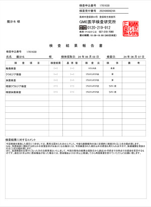 性病検査の結果報告です。