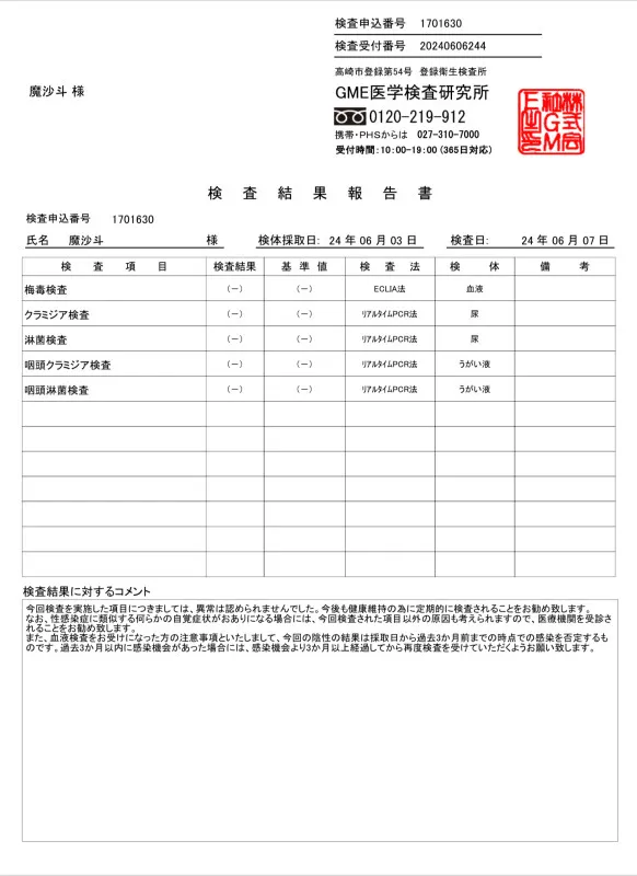 性病検査の結果報告です。