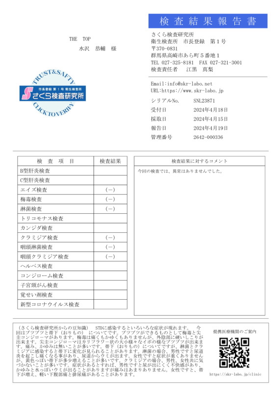 【性病検査・陰性】