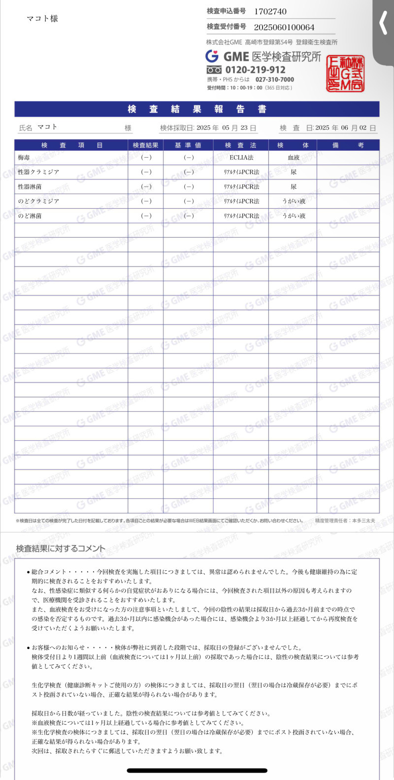 性病検査の結果出たよ♩