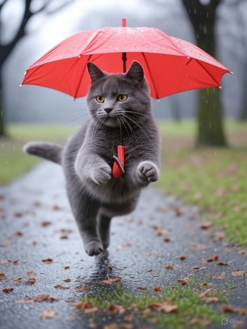 傘をさして走る猫
