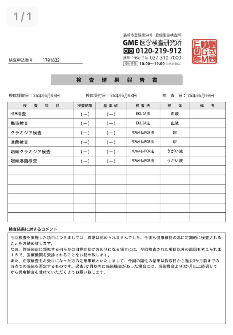 性病検査結果報告