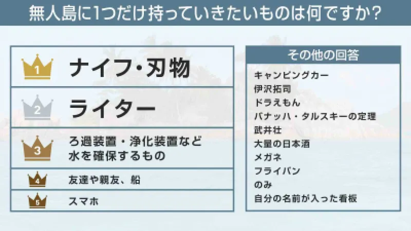 無人島に持っていくなら何を持っていく？